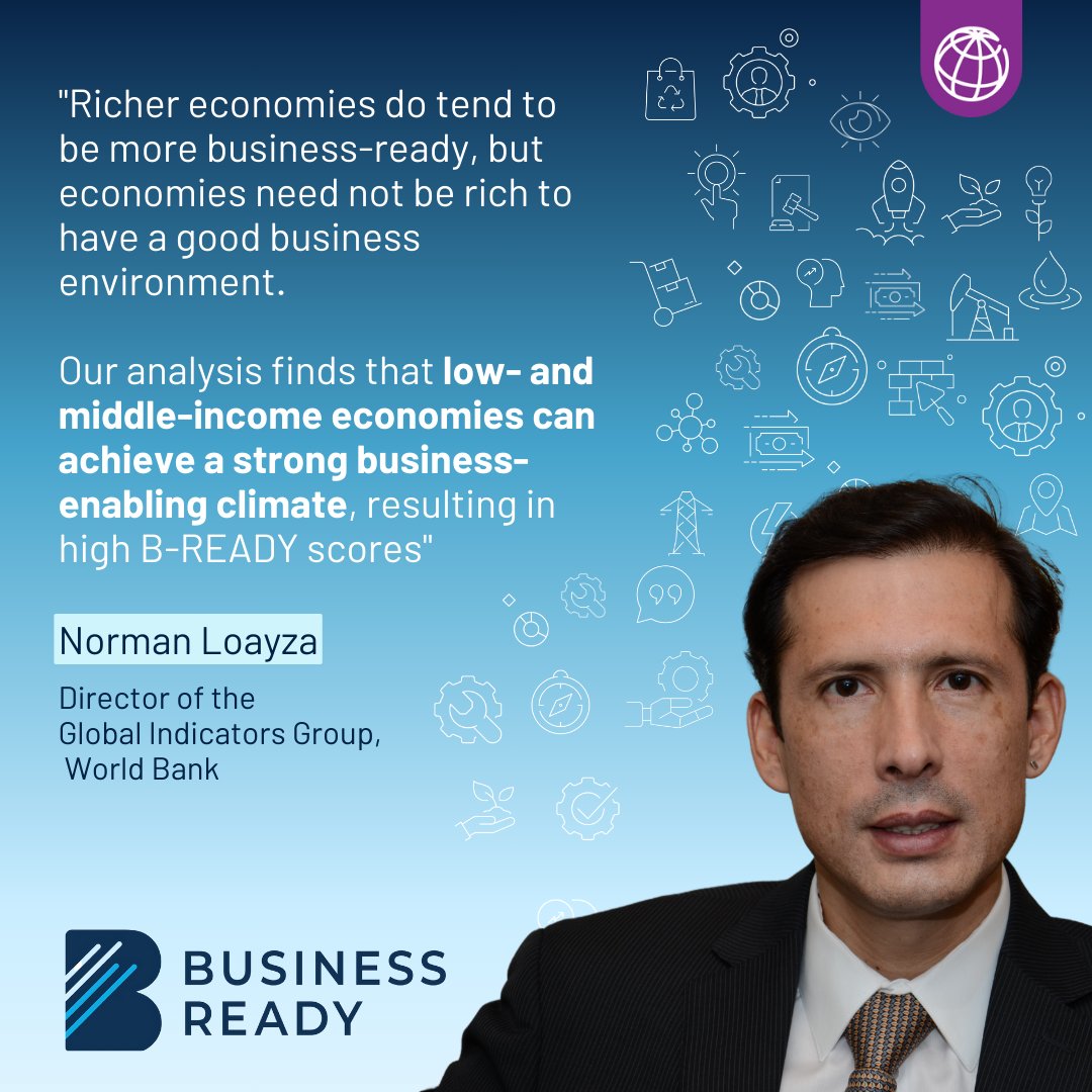 WBGPubs's tweet photo. Did you know that economies don’t need to be rich to create a strong business environment? The B-Ready report finds that #DevelopingEconomies can create the business environment essential for a vibrant private sector ➡️https://t.co/7KL7R619fY
#BusinessReady https://t.co/s87p2ELEYK