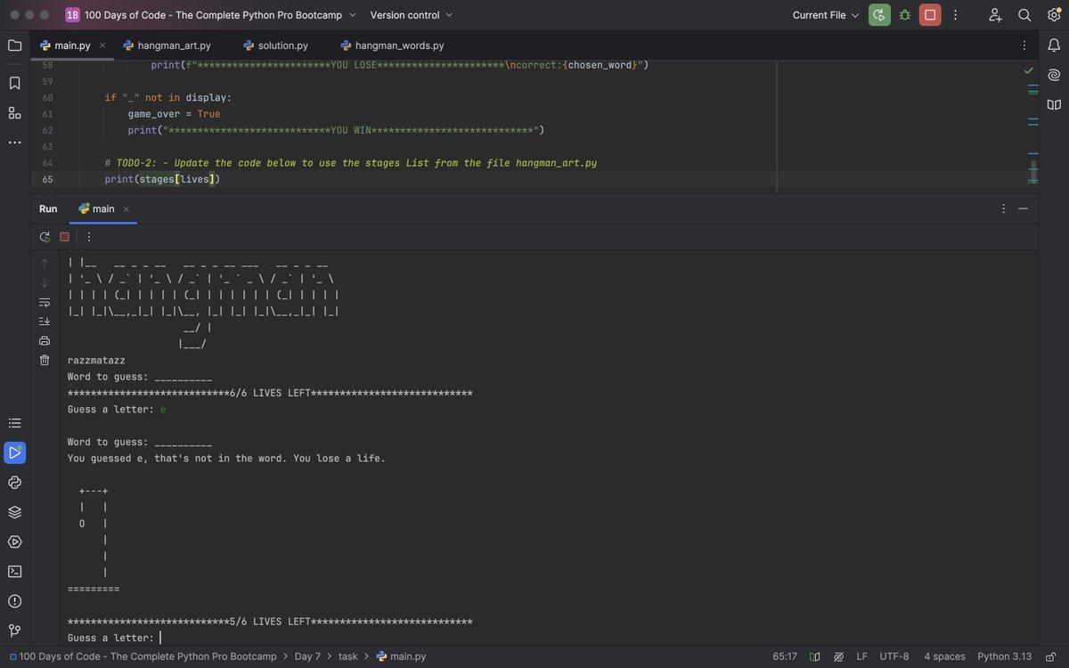 code_with_zita's tweet photo. Day ７ of #100DaysOfCode ✅
Today I built a Hangman game! 🧍‍♂️ 
⭐️Organizing by aligning paragraphs
⭐️F-strings 
 Feeling more confident with each step! 🚀
#pythonlearning #Python #PythonLearning #CodeNewbie #PythonGames https://t.co/iqa1xvwYpZ