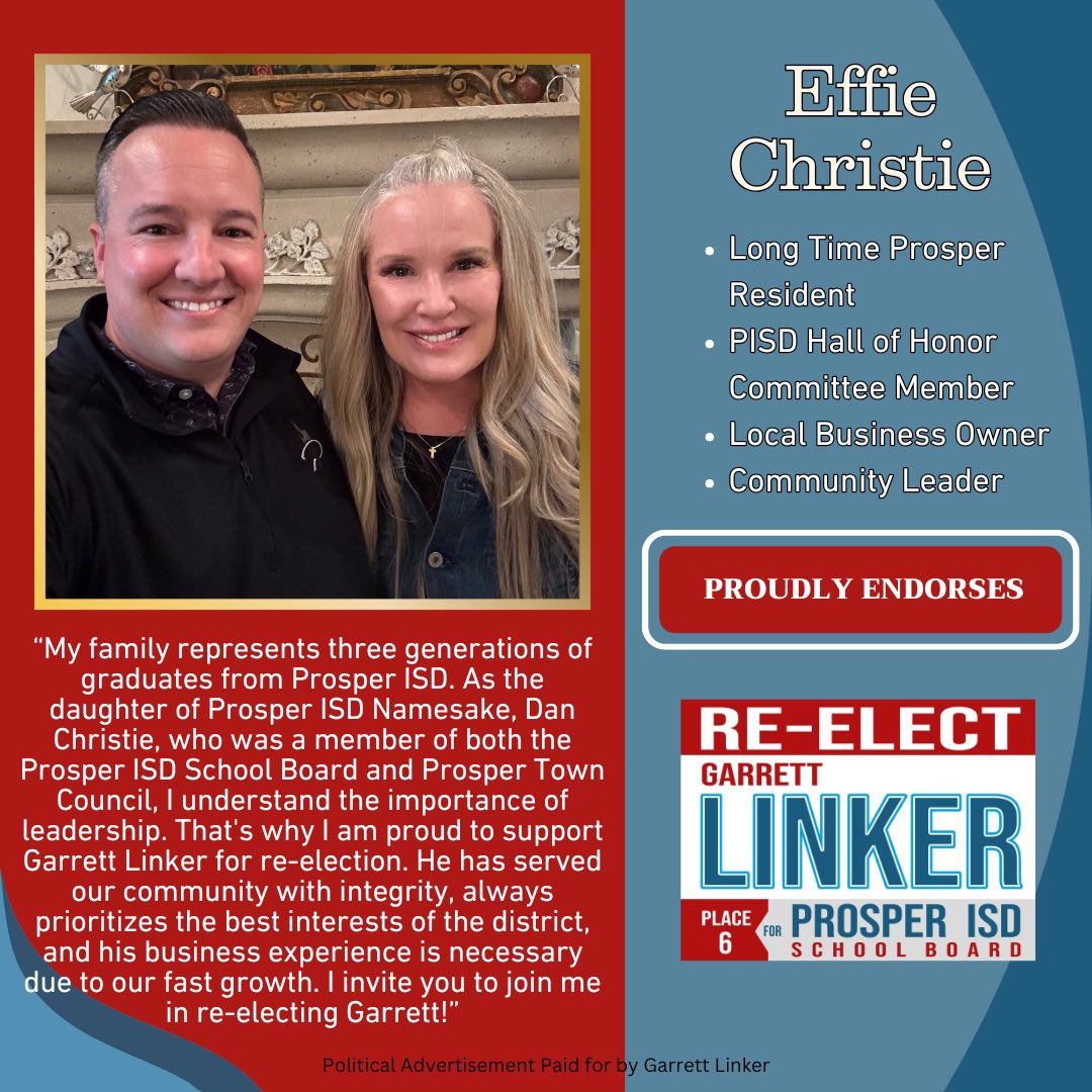 🚨 NEW ENDORSEMENT!

I'm honored to share the endorsement of long time Prosper resident, Effie Christie. Effie is the daughter of Prosper ISD Namesake, Dan Christie. She is a three generation PISD graduate, having graduated from Prosper High, along with her father and daughter.