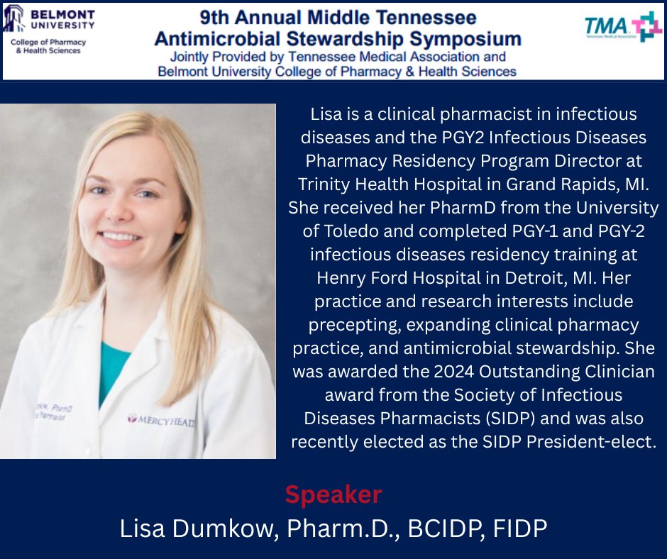 MTASsymposium's tweet photo. Join us on On May 16th for Dr. Dumkow's presentation "Innovative Approaches to Enhancing Surgical Infection Prophylaxis" at the Middle TN Antimicrobial Stewardship Symposium. https://t.co/OALgHENswn
