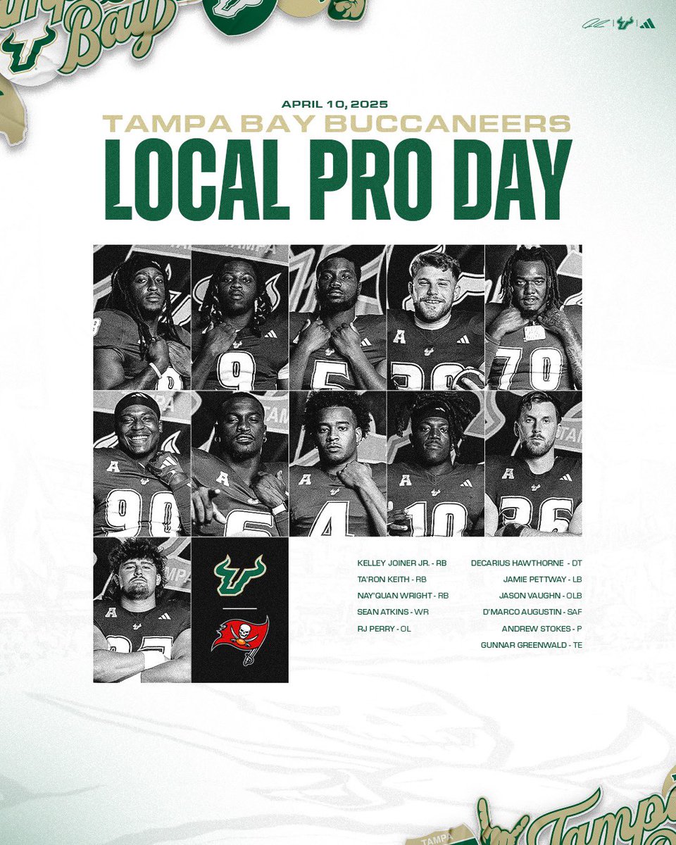 USF Football (@usffootball) on Twitter photo Best of luck to our guys participating the <a href="/Buccaneers/">Tampa Bay Buccaneers</a> Local Pro Day. 👊
#ComeToTheBay | #StayInTheBay Best of luck to our guys participating the <a href="/Buccaneers/">Tampa Bay Buccaneers</a> Local Pro Day. 👊
#ComeToTheBay | #StayInTheBay