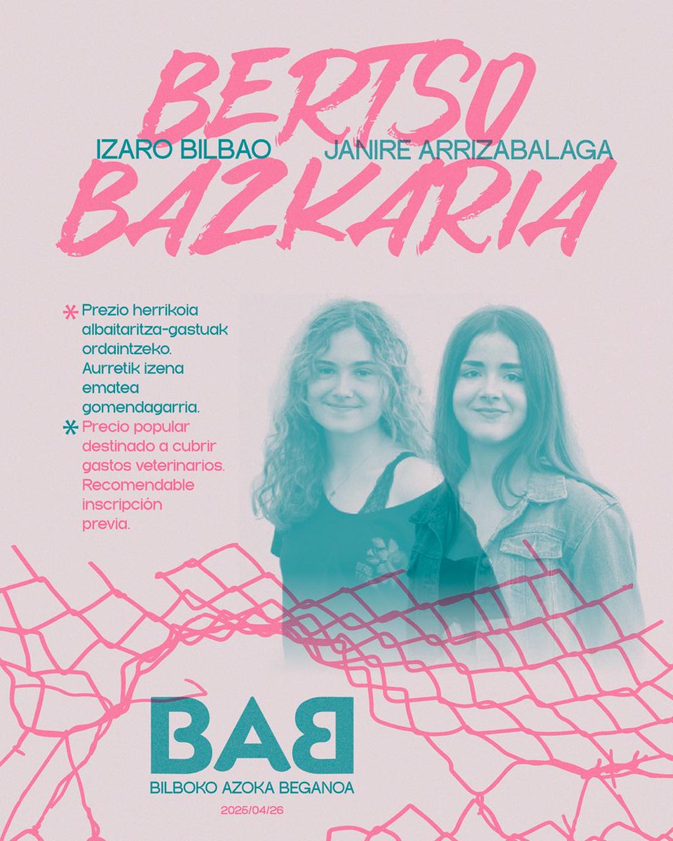 ❤️‍🔥 Zer izango dugu BABean? ❤️‍🔥

Bilboko Azoka Beganoak berritasunak ditu, besteak beste, bertso bazkaria Izaro Bilbao eta Janire Arrizabalaga bertsolariekin!!

¡La Feria Vegana de Bilbao llega con novedades! Entre otras, una bertso bazkaria con Izaro Bilbao y Janire Arrizabalaga!