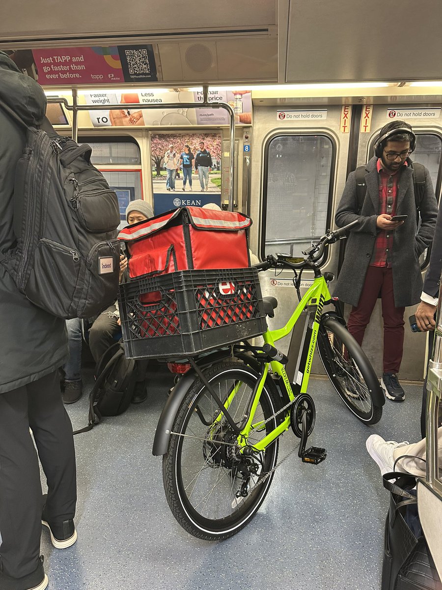 Kate3907's tweet photo. @PATHTrain 

Good evening,

I wanted to provide another example of the rush hour issue with bikes on the 33rd Street to
Hoboken train. This bike was blocking the door on the 5:28PM out of 33rd Street. I didn’t even see anyone to whom the bike might have belonged. It’s my understanding that bikes like this are not permitted from 3:30PM to 6:30 PM. 

Kind regards,

Kate