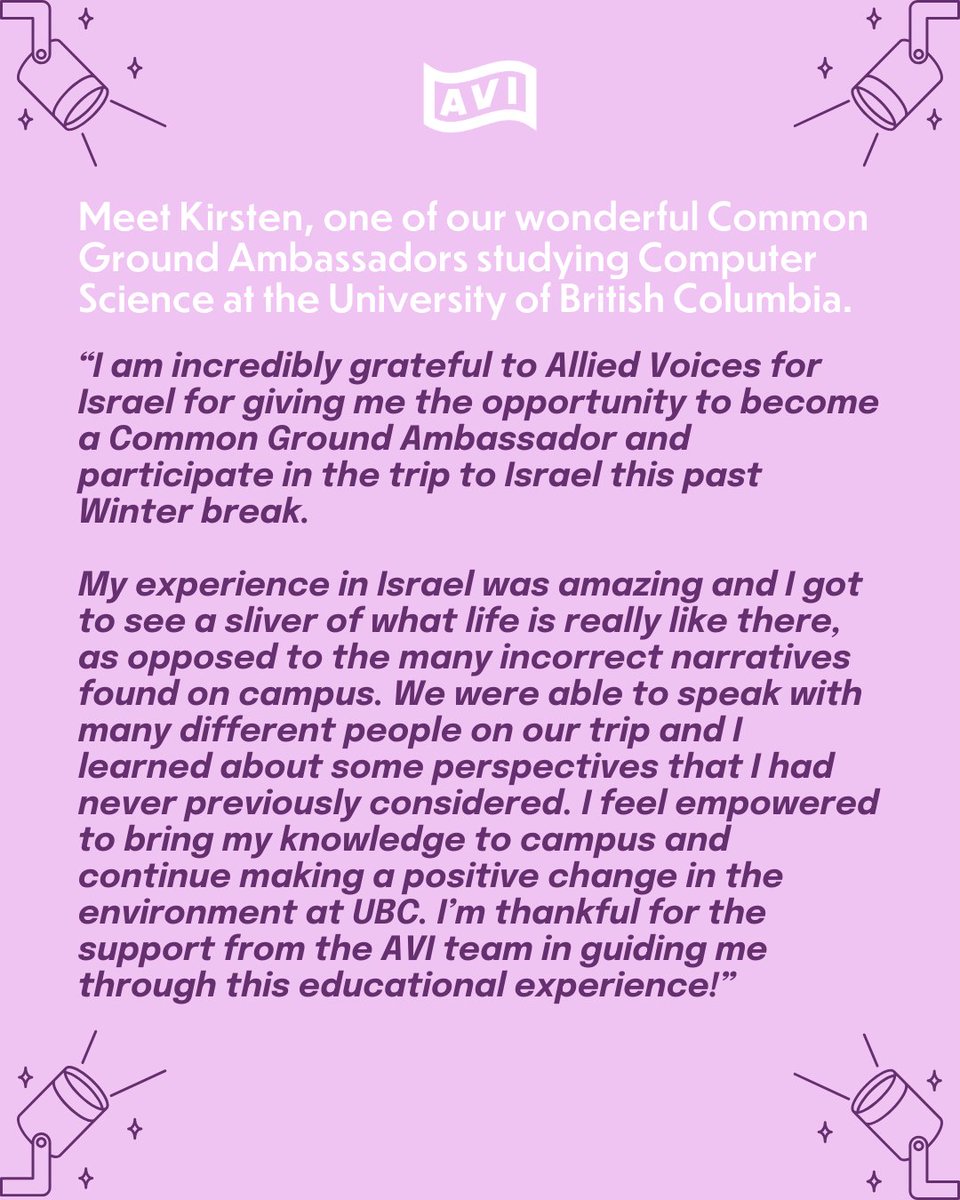 AlliedVoicesIL's tweet image. Meet Kirsten, our #AmbassadorSpotlight studying Computer Science at @UBC

#studentlove #commongroundambassador #findyourcommonground #studentshowcase #commongroundisrael