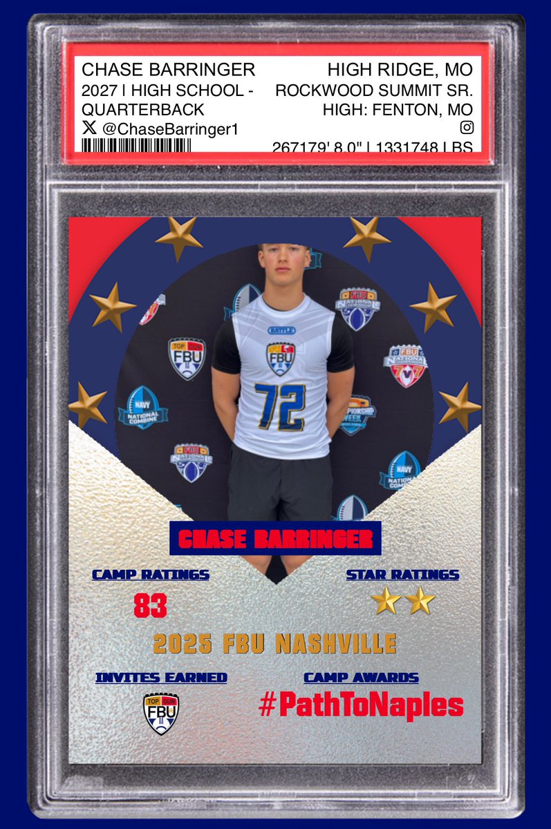 Chase Barringer (@chasebarringer1) on Twitter photo Excited to have qualified for the Top Gun camp as well as an invite to FBU’s National Showcase #pathtonaples!
@rshssports
@rshs_football
<a href="/elitefootball/">EliteFootballAcademy</a>
<a href="/CoachReedLive/">Carl Reed Jr.</a>
<a href="/Aqeel_Glass4/">AG</a>
<a href="/PrepRedzoneMO/">Prep Redzone Missouri</a>
<a href="/JPRockMO/">JP Rock</a>
<a href="/GSV_STL/">Gateway Sports Venue</a>
<a href="/6starfootballMO/">Six Star Football | MISSOURI</a>
@qbhitlist
<a href="/RivalsCamp/">Rivals Camp Series</a> Excited to have qualified for the Top Gun camp as well as an invite to FBU’s National Showcase #pathtonaples!
@rshssports
@rshs_football
<a href="/elitefootball/">EliteFootballAcademy</a>
<a href="/CoachReedLive/">Carl Reed Jr.</a>
<a href="/Aqeel_Glass4/">AG</a>
<a href="/PrepRedzoneMO/">Prep Redzone Missouri</a>
<a href="/JPRockMO/">JP Rock</a>
<a href="/GSV_STL/">Gateway Sports Venue</a>
<a href="/6starfootballMO/">Six Star Football | MISSOURI</a>
@qbhitlist
<a href="/RivalsCamp/">Rivals Camp Series</a>