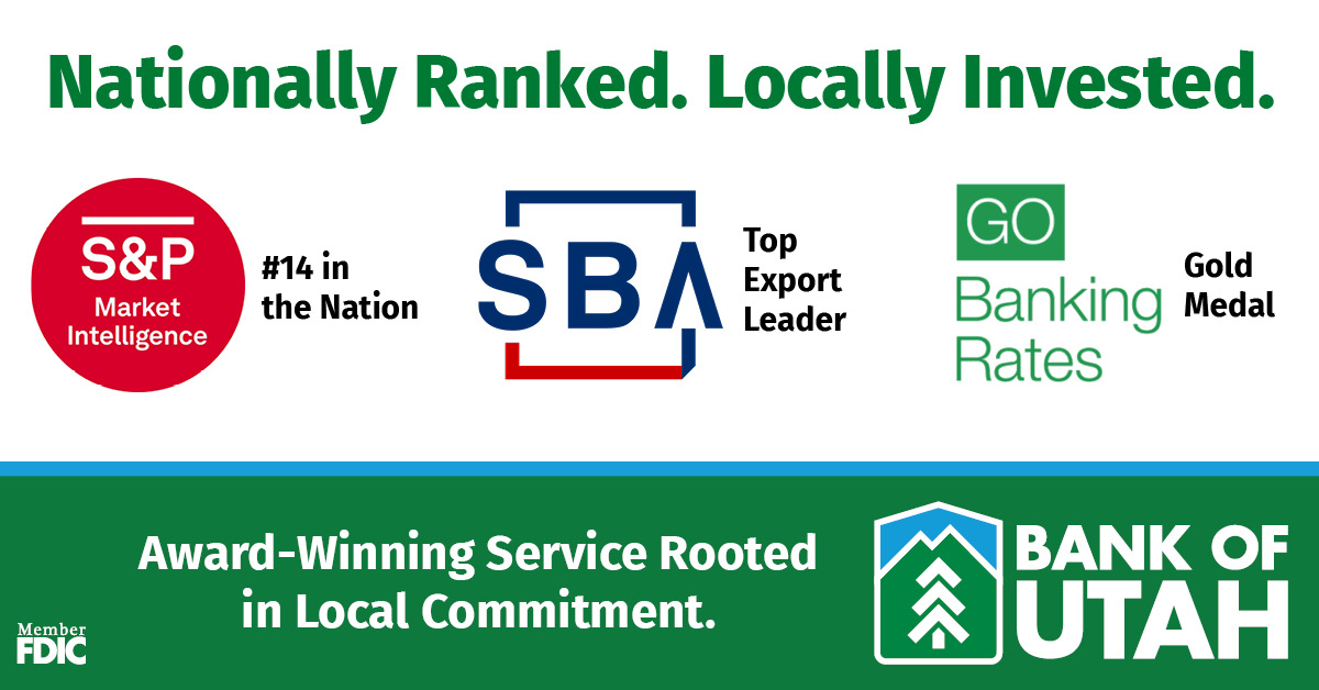 Bank of Utah is proud to be nationally recognized for community banking excellence:

🏅 GOBankingRates Best Bank in Utah
📊 S&amp;P Global Top 20 Community Bank
🌍 SBA Top Export Lender in Utah

Thank you for trusting us to be your community bank!

#BankOfUtah #AwardWinning