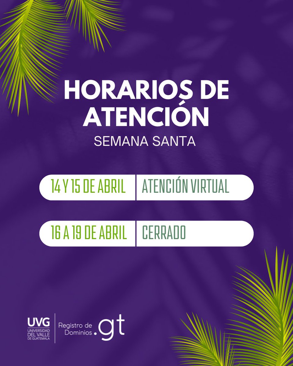 Les compartimos nuestro horario especial para Semana Santa 🕒. Les pedimos tomarlo en cuenta para no atrasar sus gestiones.
Durante los primeros días estaremos atendiendo únicamente por vía virtual. Para mensajes, pueden escribirnos a:📩 admin@cctld.gt.