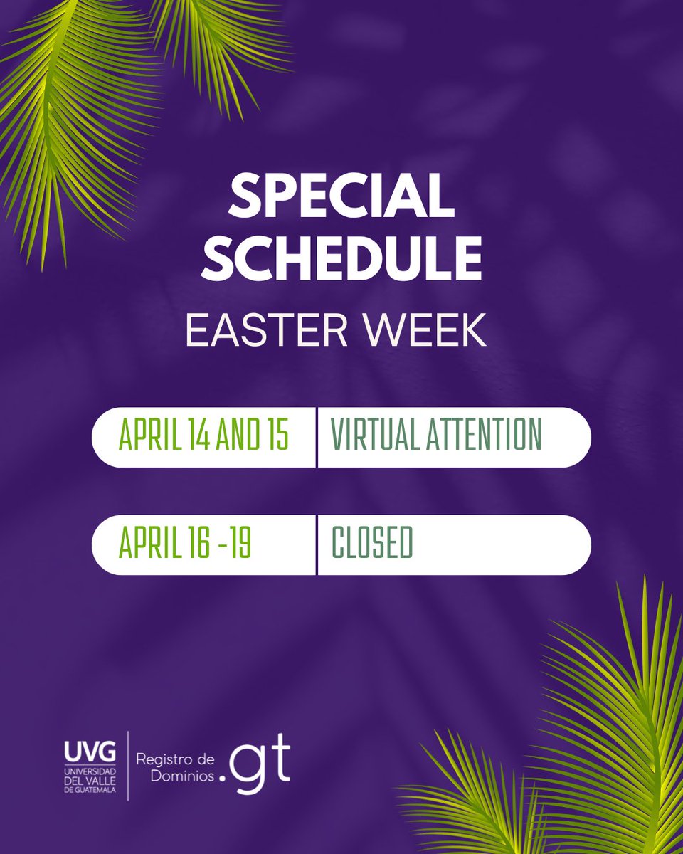We’d like to share our special schedule for Holy Week 🕒. Please take it into account to avoid delays in your requests. During the first two days, we’ll provide support exclusively through virtual channels. Feel free to contact us at: 📩 admin@cctld.gt