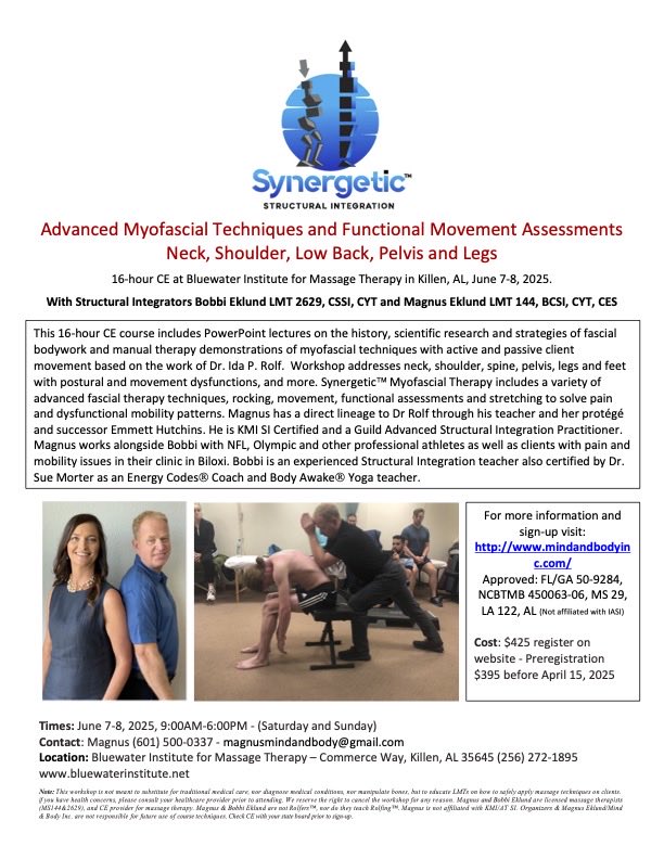 MindandbodySSI's tweet image. Join Magnus and Bobbi Eklund in Killen AL June 7-8 at Bluewater Massage Therapy School for Synergetic Myofascial Therapy. mindandbodyinc.com #bobbiandmagnus #myofascialtherapy #killenalabama #continuingeducation