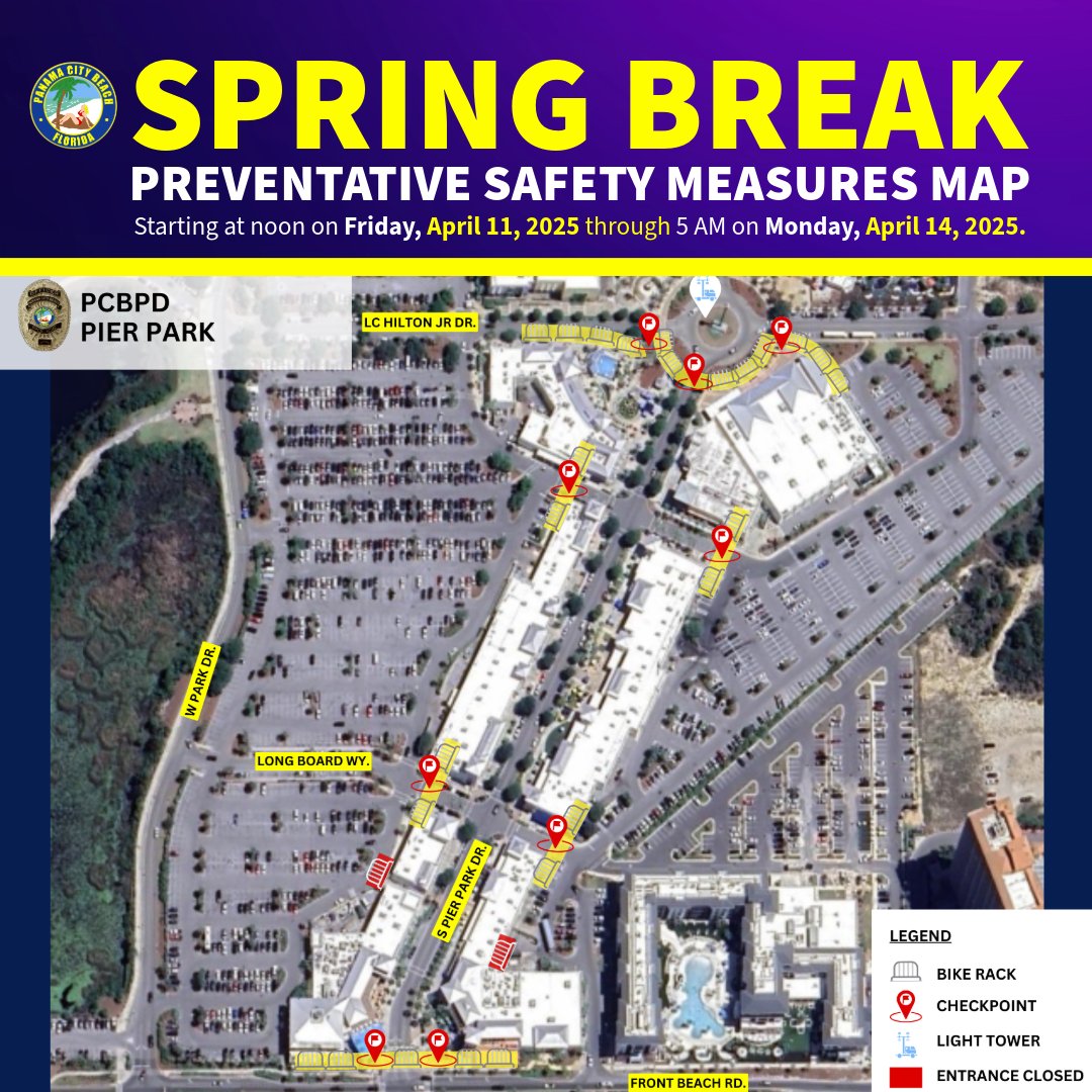 cityofpcbfl's tweet photo. Out of continued concern for public safety, the City of Panama City Beach will once again implement enhanced safety protocols in the Pier Park Special Event Zone starting Noon on Friday, April 11 through 5 AM Monday, April 14. Learn more:https://t.co/iVrmpArdGb https://t.co/pshiYPBA5C