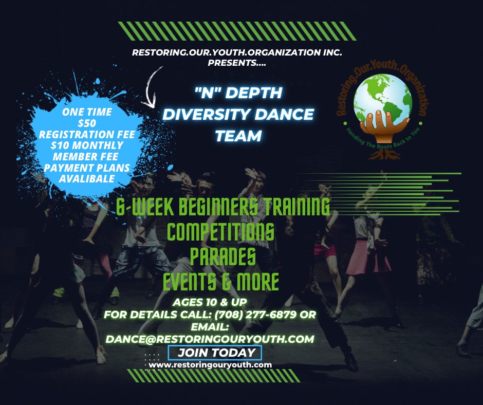 RestoringInc's tweet photo. Dance 🚨 ‼️

 We are thrilled to announce the relaunch of our esteemed dance team, N Depth Diversity Dance team, which prioritizes giving back to the community. To join, sign up today. 

Ages 10 &amp; Up

Click here to register or for additional information : https://t.co/RZ5Om91bCB https://t.co/KwyqQfoWMa