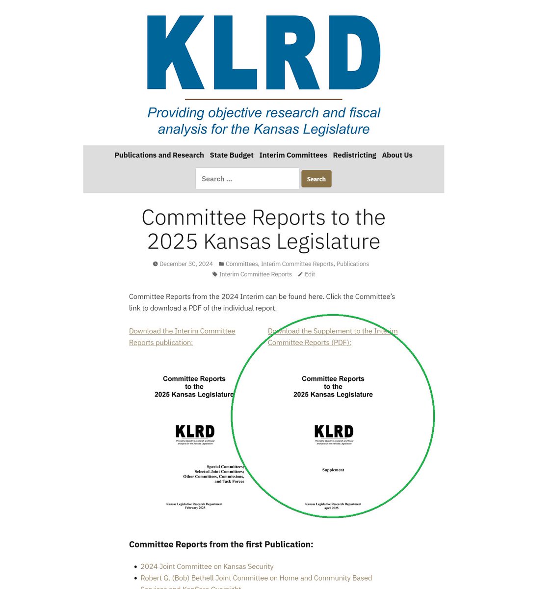 The Supplement to the Interim Committee Reports is now available: klrd.gov/2024/12/30/com… #ksleg