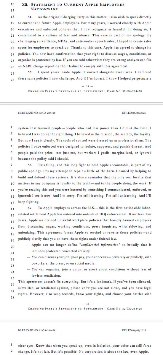 After three years, Apple finally settled with the NLRB &amp; was forced to fix its unlawful NDAs. In my letter joining the settlement, I included a section addressed to Apple employees. Sharing it here for the record. I'm sorry to anyone I harmed when I was part of the secrecy cult.