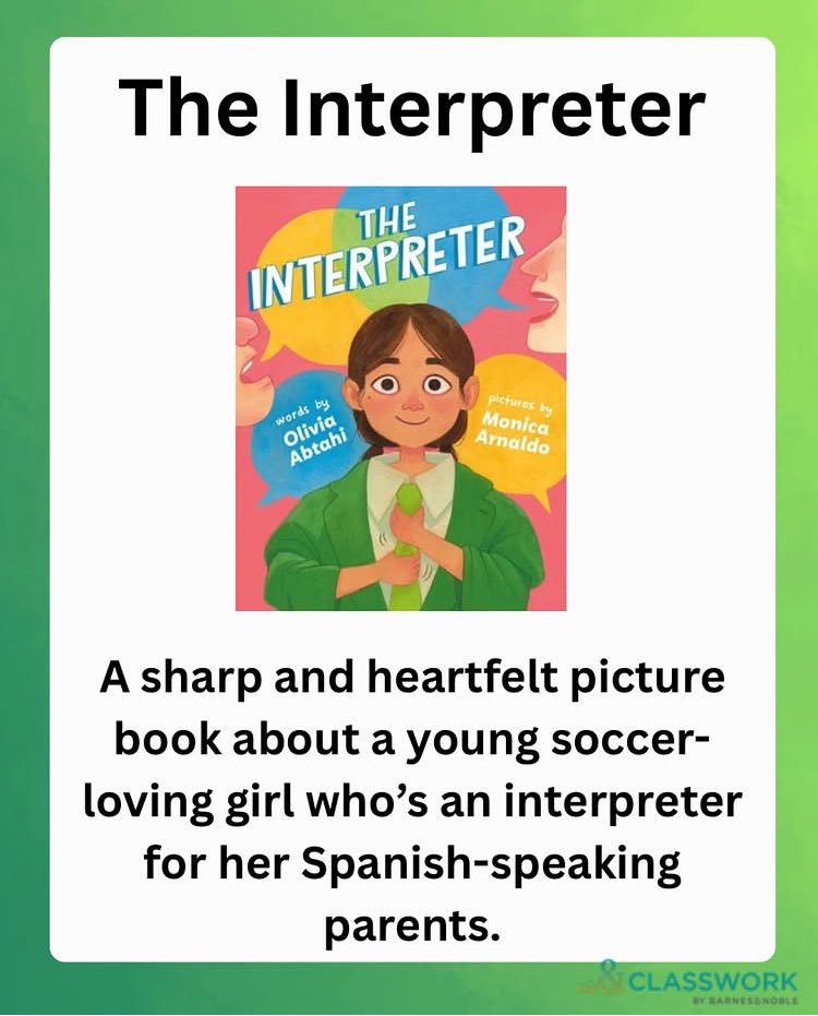 This week’s #SELSpotlight highlights family roles 🧑‍🧑‍🧒‍🧒

“The Interpreter” by Olivia Abtahi is a heartfelt story about a soccer-loving girl who helps her Spanish-speaking parents navigate the world through her words. 

#SocialEmotionalLearning #PictureBooks #Representation