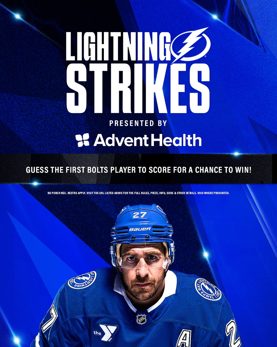TBLightning's tweet image. Who's starting us off?
Let us know who you think scores the first goal for us tonight using #LightningStrikes and you could win a custom #Bolts t-shirt presented by @AdventHealth!
Rules: tbl.co/24LS