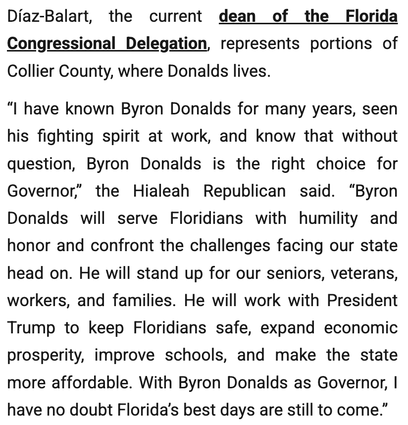 Byron Donalds (@byrondonalds) on Twitter photo I'm honored to receive the endorsement of the Dean of the Florida Congressional Delegation: <a href="/MarioDBCamp/">Mario Diaz-Balart</a>
From my first days serving on Capitol Hill to my Candidacy for Governor, Mario has been a trusted friend, colleague & mentor.
The best is yet to come for the Sunshine State. I'm honored to receive the endorsement of the Dean of the Florida Congressional Delegation: <a href="/MarioDBCamp/">Mario Diaz-Balart</a>
From my first days serving on Capitol Hill to my Candidacy for Governor, Mario has been a trusted friend, colleague & mentor.
The best is yet to come for the Sunshine State.