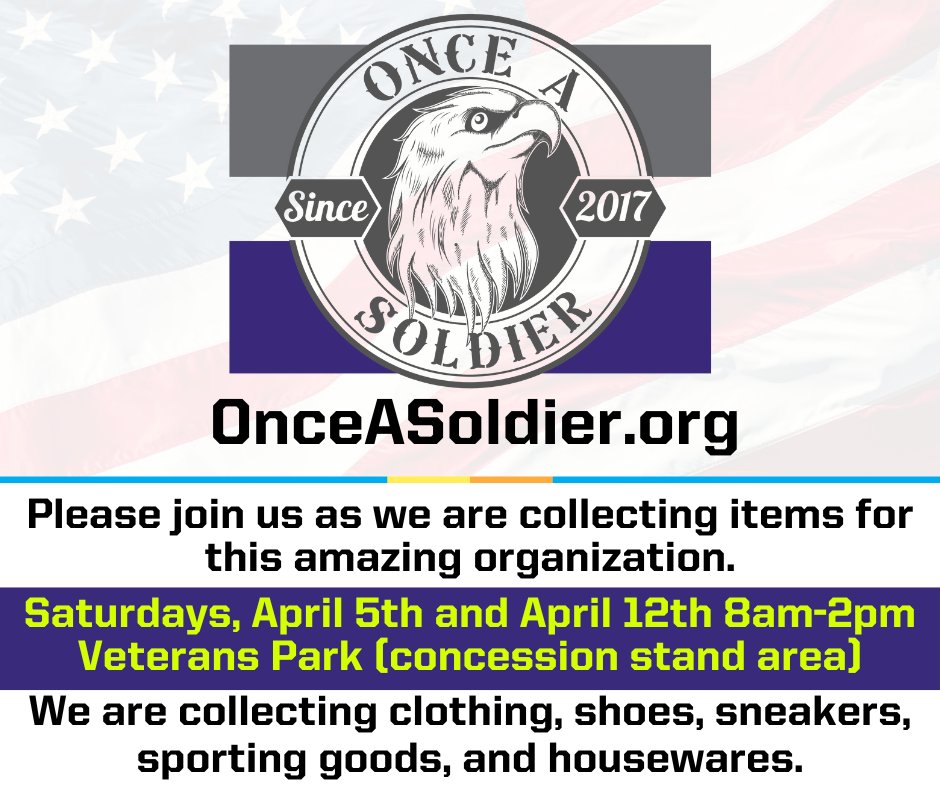 This Saturday. Please consider helping out this amazing organization! They will be out at Veterans Park on April 5th and April 12th collecting items!