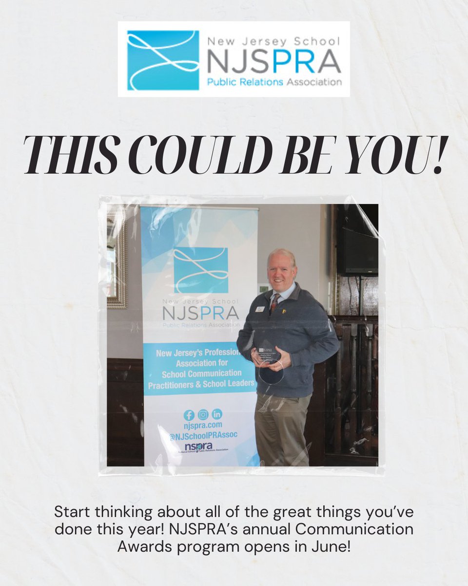 This could be you! NJSPRA’s annual Communication Awards program opens in June! Start thinking about all the great things you’ve done this year and what you’d like to submit. NJSPRA members receive two complimentary entries per member. Additional and non-member entries $40 per.