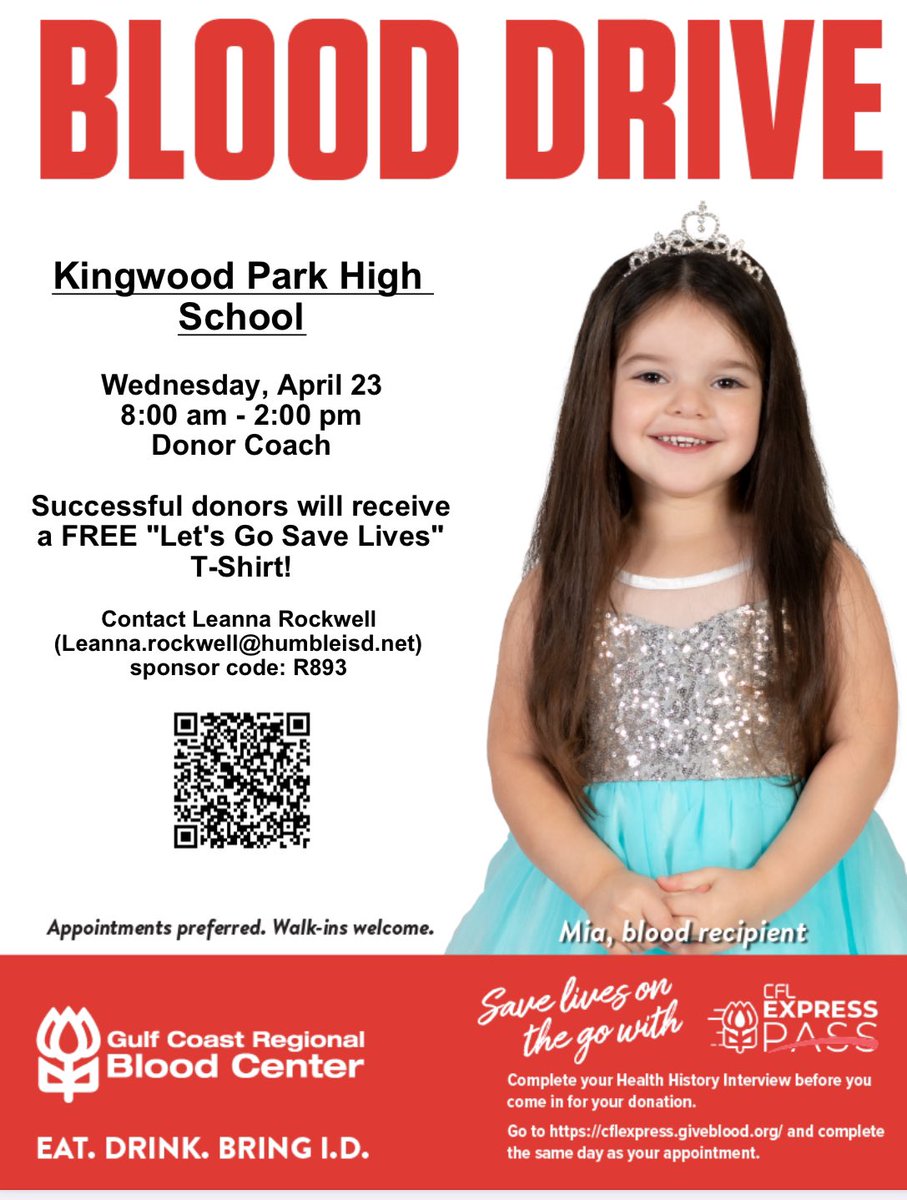 Last Blood Drive of the Year! - April 23 
Let’s Spring 🌸 into Action and Save Lives by Donating Blood 🩸 <a href="/HumbleISD_KPHS/">Kingwood Park HS</a> <a href="/commitforlife/">Gulf Coast Blood</a>
