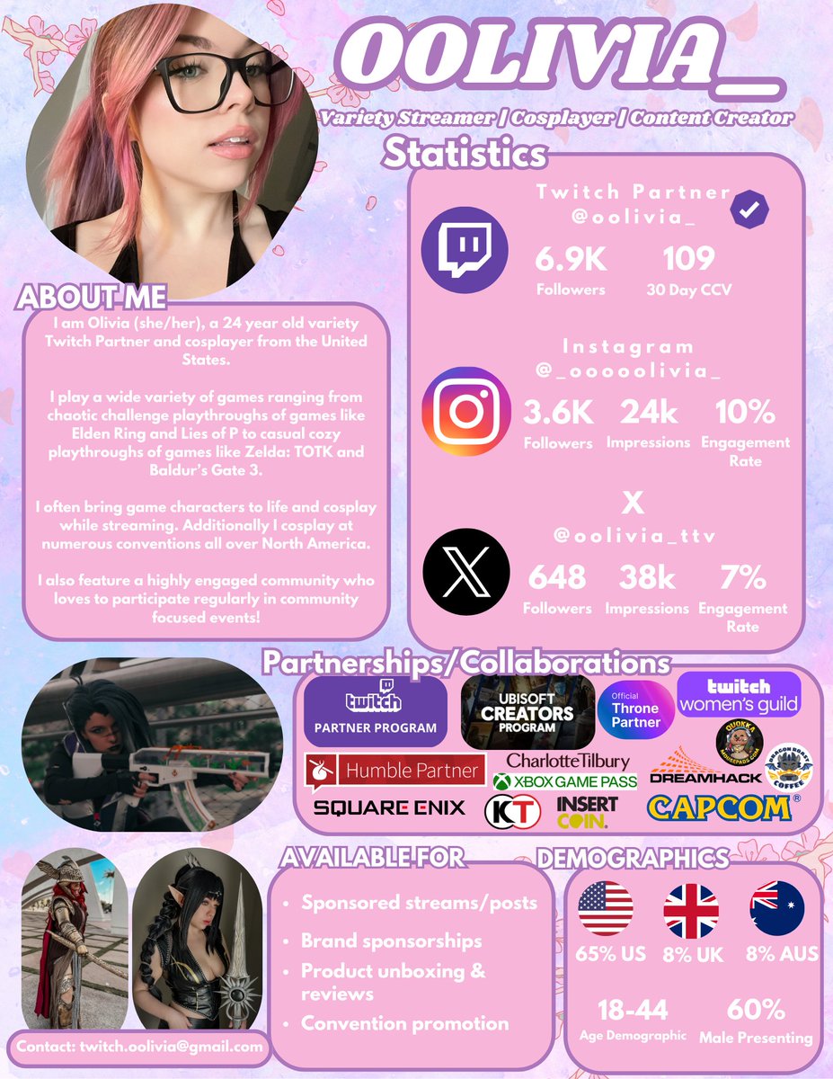 oolivia_ttv's tweet photo. Hi hi, I'm Olivia! I'm a variety streamer and cosplayer who likes to bring the games I play to life with my creations!  

🤍 Here is my Q2 media kit! 🤍

✨ https://t.co/Btd0OGWGTH 
✉️ twitch.oolivia@gmail.com

I'd love to work with you!
RTs appreciated💕 https://t.co/wHkolsEGHE