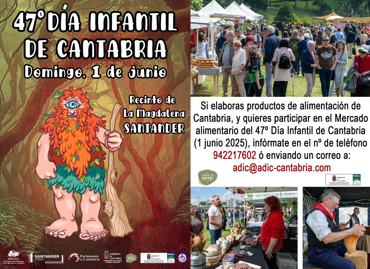 Si elaboras productos de alimentación de Cantabria, y quieres participar en el Mercado alimentario del 47º Día Infantil de Cantabria (1 de junio de 2025) en Santander, infórmate en el número de teléfono 942217602 ó en el correo adic@adic-cantabria.com