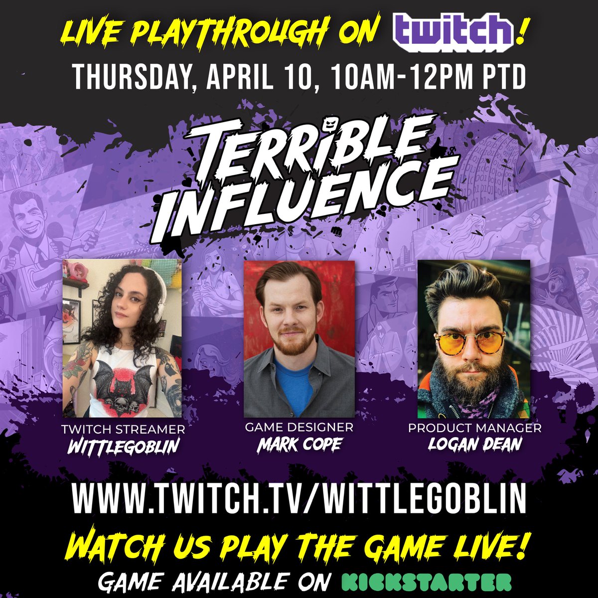 TerriblyFun's tweet photo. Join us live on Twitch tomorrow for a live play-through with game streamer @WittleGoblin , @Marksimuss , and Logan Dean! We go live Thursday, April 10, at 10am PTD! https://t.co/nudSMDLg6w https://t.co/K0h7it196T