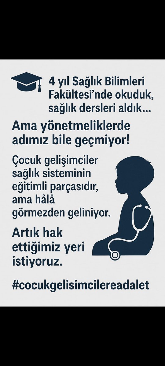 çocukların gelişim takibi bir lüks değildir sağlık hizmetidir çocuk gelişimciler sağlık ekibinin ayrılmaz bir parçasıdır onların da yönetmelikte bulunmaları gerekmektedir
#CocukGelisimcilereAdalet