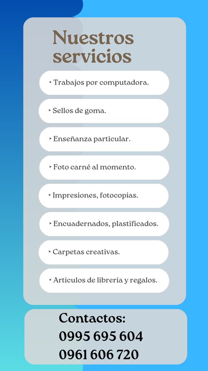 Trabajos por computadora, impresiones, fotocopias, sellos, foto carné, enseñanza particular y más.
instagram.com/evo.digital.py…