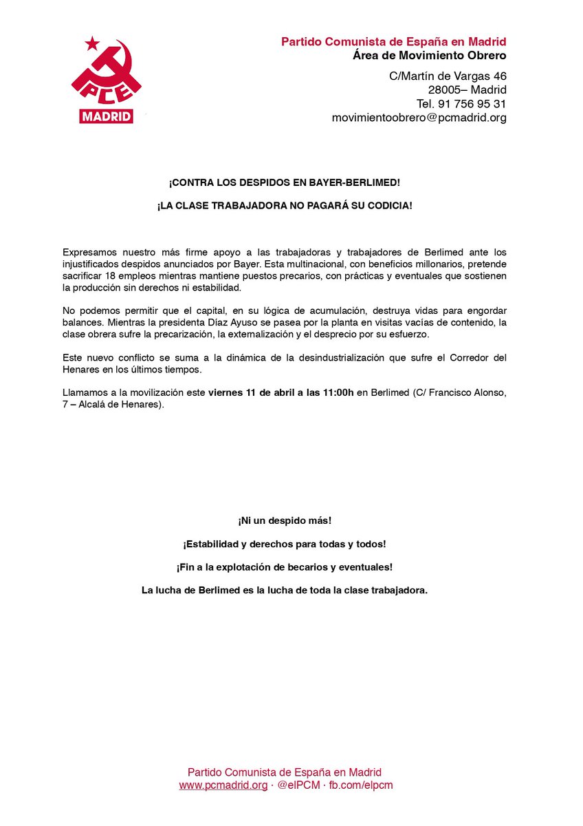 elpcm's tweet photo. [COMUNICADO]
Contra los despidos en Bayer-Berlimed.

Va hilo🧵

1/ Bayer-Berlimed No es solo una empresa. Es parte de una estrategia global de recorte de plantillas, donde los beneficios empresariales importan más que las trabajadoras y trabajadores. #NoAlosdespidos https://t.co/hzLeAiSB6z