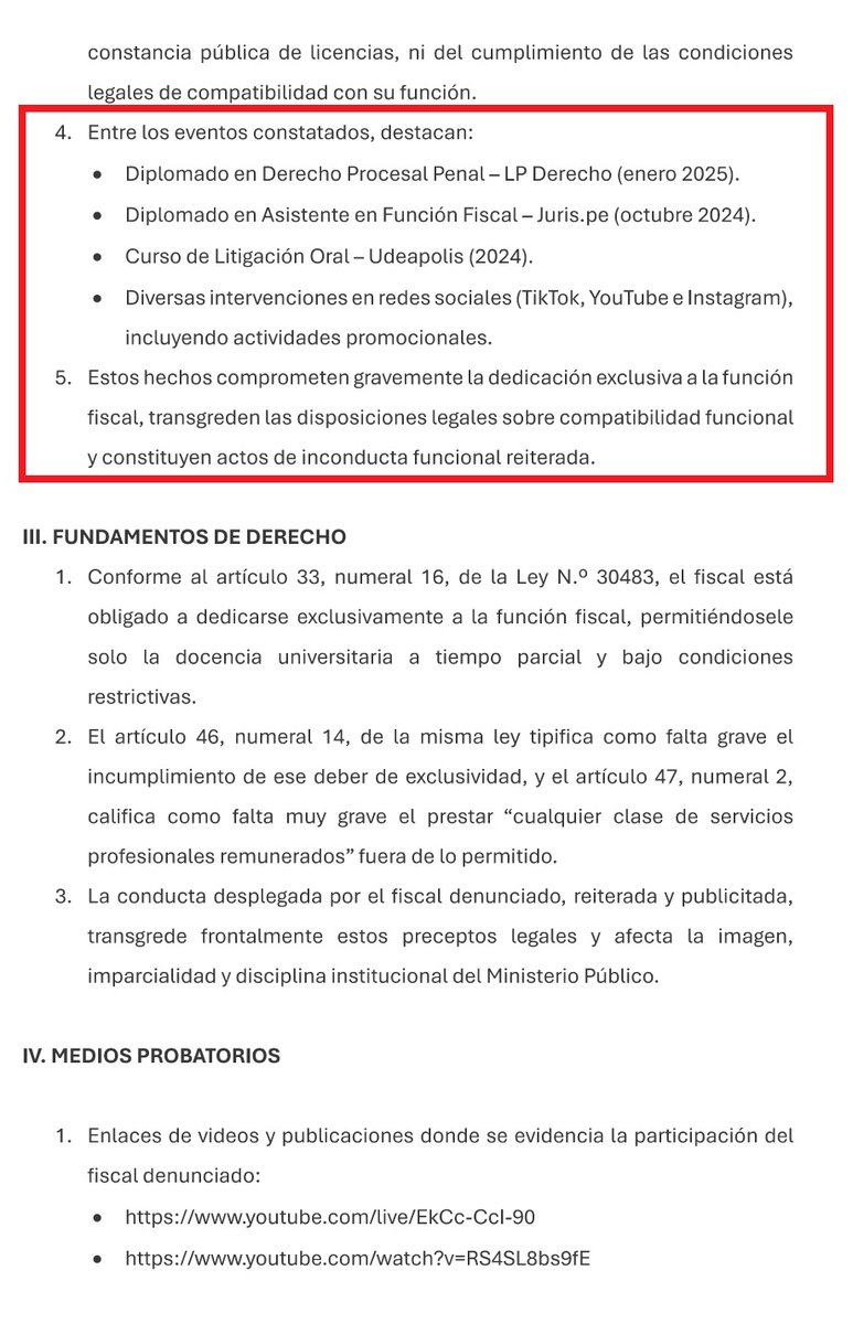 LuisMiguelCaya's tweet photo. 🚨JOSE DOMINGO PEREZ DENUNCIADO POR VIOLAR LA LEY DE LA CARRERA FISCAL🟤
Como ciudadano comprometido con la legalidad y el respeto a las instituciones, he presentado una denuncia formal ante la Autoridad Nacional de Control del Ministerio Público contra el fiscal José Domingo Pérez Gómez.
Los hechos son claros: el fiscal ha venido dictando cursos, diplomados y eventos académicos remunerados durante los años 2024 y 2025. Cuando la excepción de la Ley solo le permite "docencia universitaria".

Artículo 33.16: “Los fiscales deben dedicarse exclusivamente a su función, con excepción de la docencia universitaria a tiempo parcial (máx. 8 h/semana)”.

Artículos 46 y 47: Las infracciones pueden constituir faltas graves o muy graves, sancionables incluso con destitución.

La denuncia está en marcha. Las pruebas son públicas. Y el país lo está mirando.
