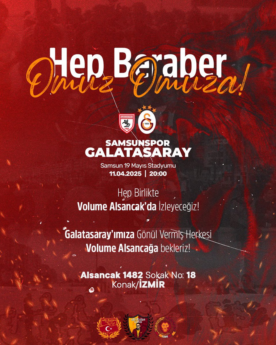 ŞAMPİYONLUK YOLUNDA HEDEFE ADIM ADIM ! 

Samsunspor maçı için mekanımız #VolumeAlsancak'ta hep birlikteyiz. Mekan giriş ücreti 100 Liradır.

#Hedef25
#ultrAslanLiseİzmir
