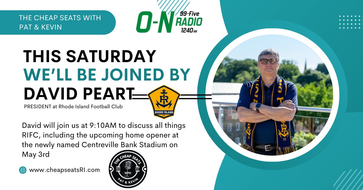 The Cheap Seats with Pat & Kevin (@thecheapseatsri) on Twitter photo 🎙️ Join <a href="/coachollnd/">Patrick Holland</a> and <a href="/kcalccal/">Kevin Callahan</a> this Saturday, April 12th from 9AM-10AM on <a href="/WoonsocketRadio/">WoonsocketRadio, WOON AM & FM</a> — we’ve got another great show lined up!
We’ll be joined by David Peart, President of <a href="/RhodeIslandFC/">Rhode Island FC</a>, to talk all things RIFC — including their upcoming home opener and the newly named 🎙️ Join <a href="/coachollnd/">Patrick Holland</a> and <a href="/kcalccal/">Kevin Callahan</a> this Saturday, April 12th from 9AM-10AM on <a href="/WoonsocketRadio/">WoonsocketRadio, WOON AM & FM</a> — we’ve got another great show lined up!
We’ll be joined by David Peart, President of <a href="/RhodeIslandFC/">Rhode Island FC</a>, to talk all things RIFC — including their upcoming home opener and the newly named