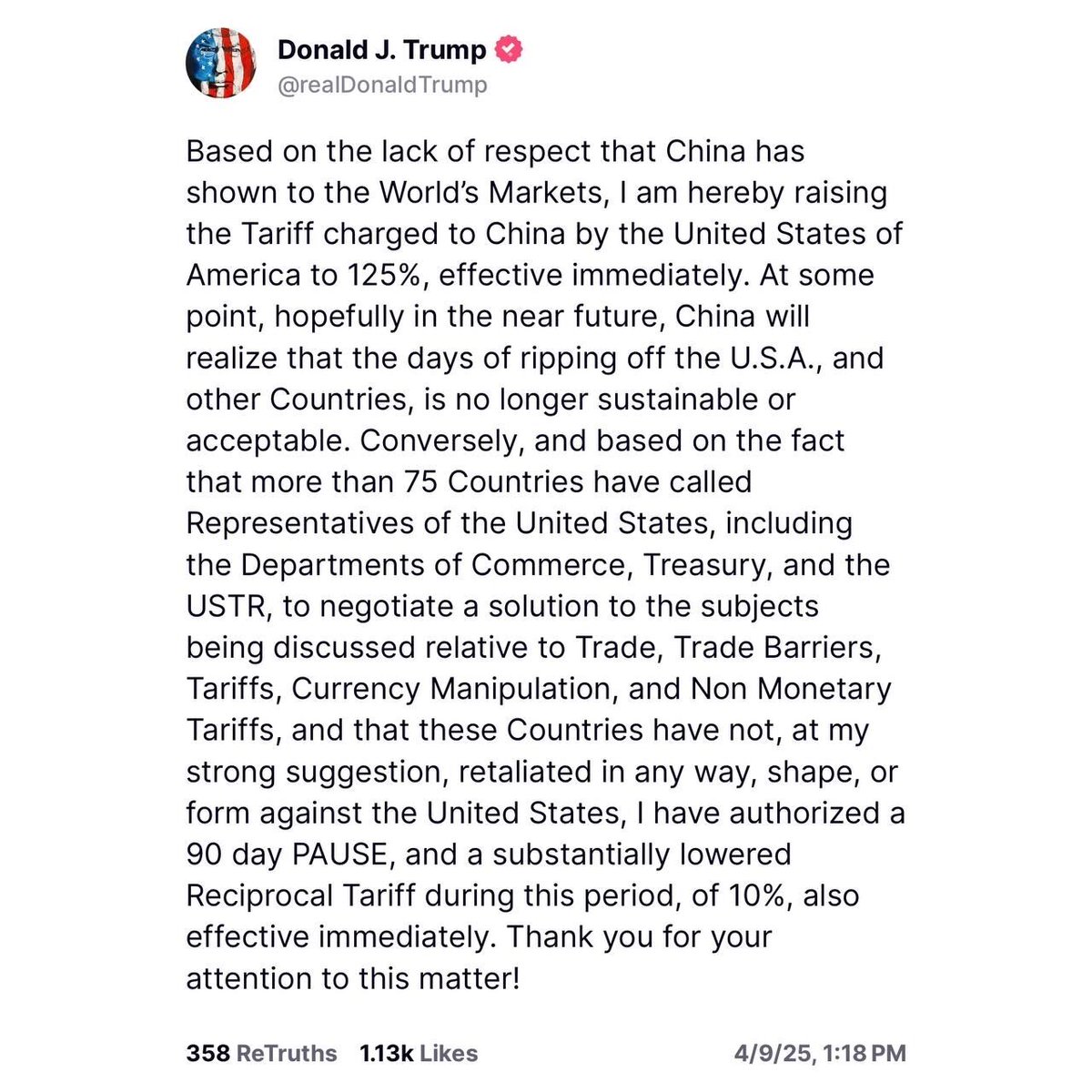 🇺🇸 NEW: President Trump posts on Truth Social that he is raising Tariffs on China to 125%.
