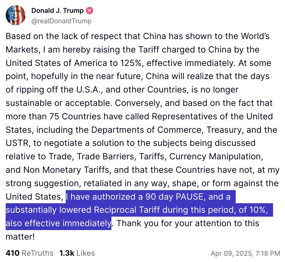 US-Präsident <a href="/realDonaldTrump/">Donald J. Trump</a> hat gerade eine 90-tägige Pause für die neu verhängten Zölle verkündet. 🇺🇸🌎

Die Märkte schießen nach oben, Bicoin handelt wieder über 80.000 US-Dollar. 📈👀