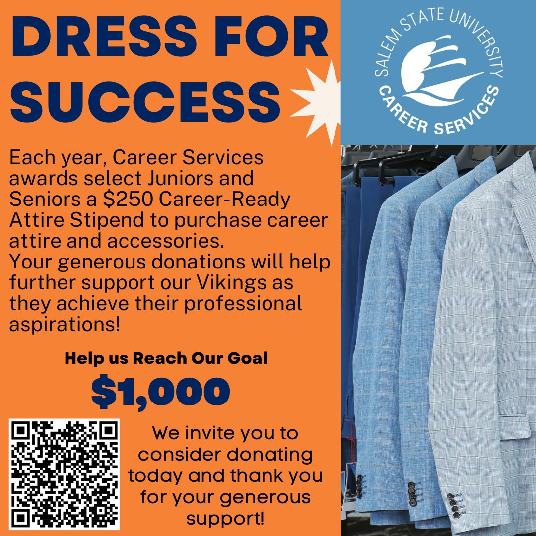 SSUCareer's tweet photo. Please consider donating to our Dress for Success Crowdfunding page to help us serve additional students through our Career-Ready Attire Stipend. Thank you for your support! Click the link for more details! https://t.co/SWWQ5Jw3ON   #DressForSuccess https://t.co/6XDk5Hx3XR