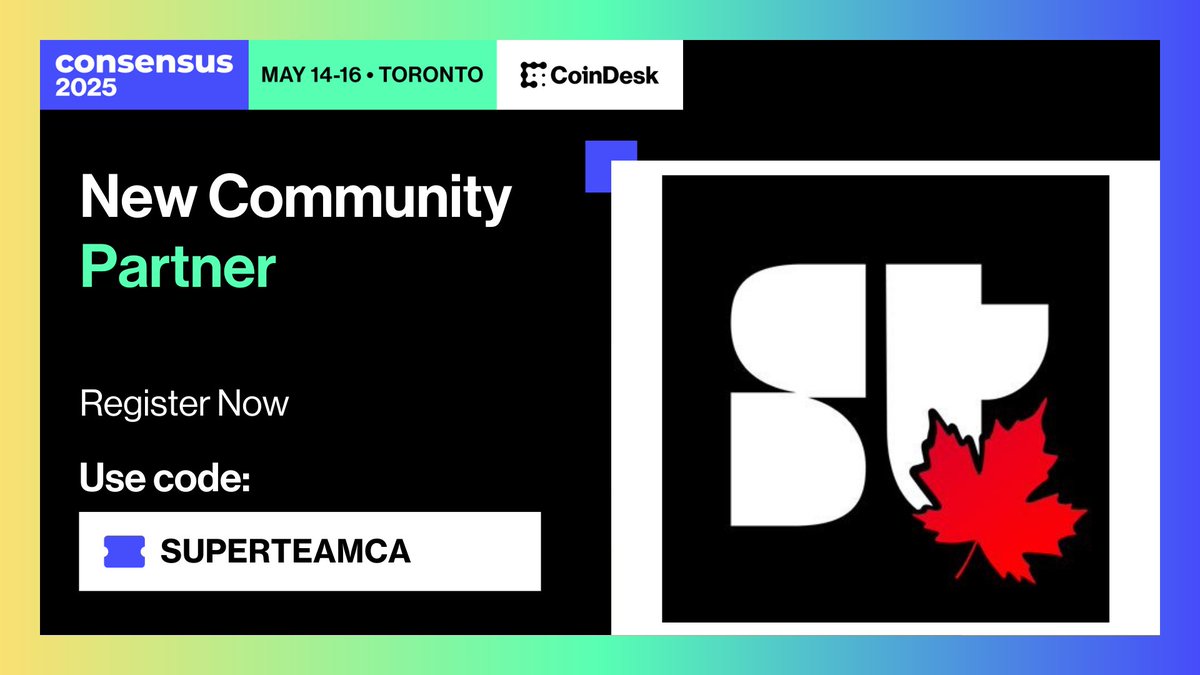 SuperteamCAN's tweet photo. 🚨 We’re partnering with Consensus Toronto 2025 during Canada Crypto Week!

🔥 While Startup Village Toronto is live, enjoy talks, workshops &amp; networking—and get a 20% discount as part of the Solana community.

🎟️ code  and 🔗 below

  #ConsensusTO  #Consensus2025 https://t.co/hmIcxPhkR2
