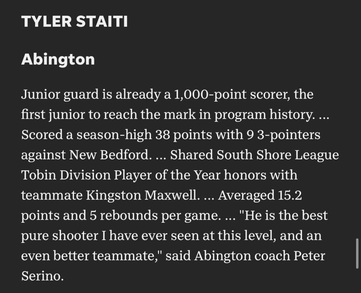 Abington Boys Basketball (@gwphoops) on Twitter photo Congratulations to Tyler Staiti for being named to the <a href="/BrocktonSports/">Brockton Enterprise sports</a> 1st Team All-Scholastic #GWP Congratulations to Tyler Staiti for being named to the <a href="/BrocktonSports/">Brockton Enterprise sports</a> 1st Team All-Scholastic #GWP