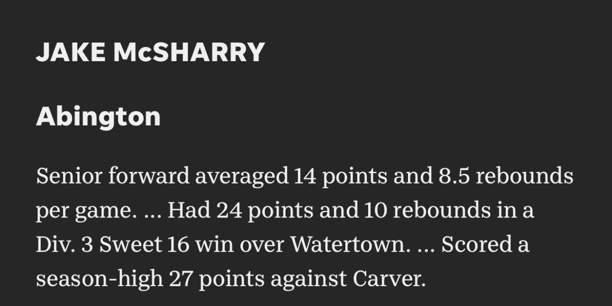 Abington Boys Basketball (@gwphoops) on Twitter photo Congratulations to Jake McSharry for being named to the <a href="/BrocktonSports/">Brockton Enterprise sports</a> 2nd Team All-Scholastic #GWP Congratulations to Jake McSharry for being named to the <a href="/BrocktonSports/">Brockton Enterprise sports</a> 2nd Team All-Scholastic #GWP