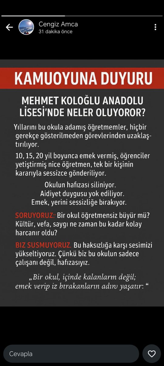 herrdei_19's tweet photo. 29 hocamız durduk yere görevlerinden uzaklaştırılmak istendiğinden okul kültürümüz yok olmanın eşiğinde Elazığ'ın en iyi ögretmen kadrosu yok sebeplerden dağılacak yardımınızı rica ediyoruz @elazig_valiligi @sahin_serifoglu @erolkeles23 https://t.co/BNYuoWI882