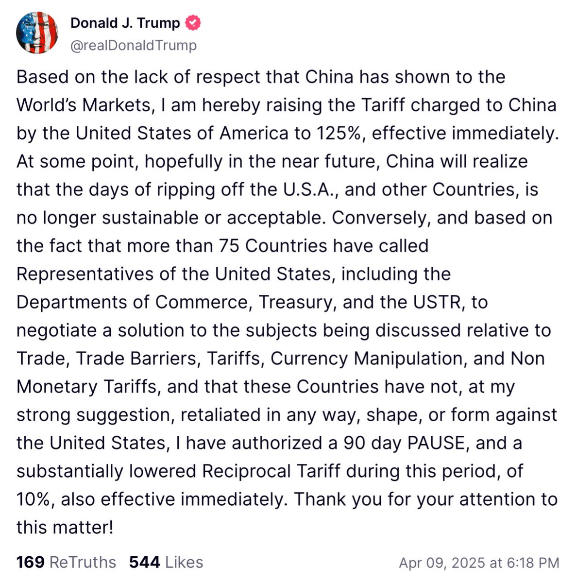 PiQMarkets's tweet photo. 🚨🚨🚨🚨🚨🚨🚨

TRUMP INCREASES CHINA TARIFFS TO 125% 

90% TARIFF PAUSE FOR OTHER COUNTRIES

“Based on the lack of respect that China has shown to the World’s Markets, I am hereby raising the Tariff charged to China by the United States of America to 125%, effective immediately” https://t.co/ZNhmBbYdnp