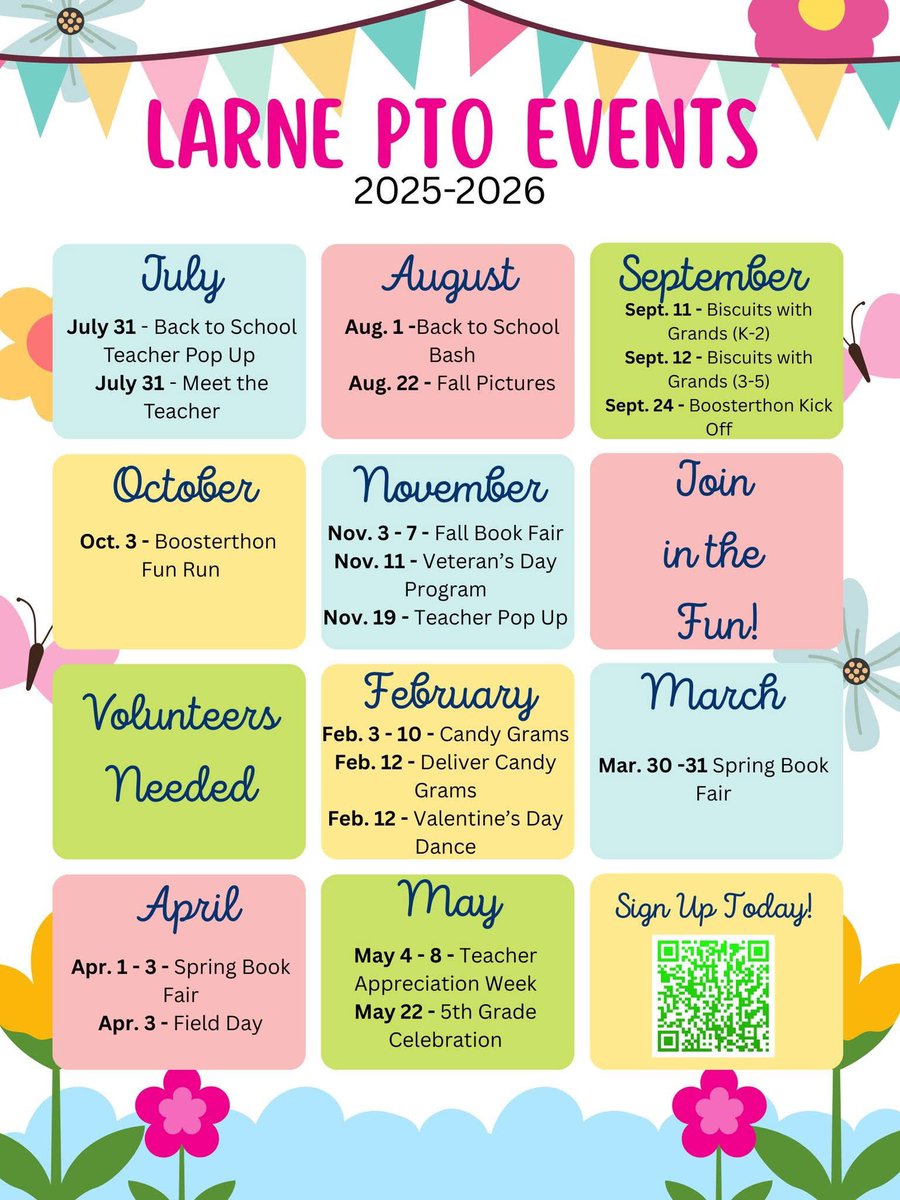 LarneElementary's tweet photo. If you are interested in volunteering at Larne, please click the link to sign up to help at any of our events for the end of the year. You can also start planning and signing up to volunteer for next year's PTO events. 
https://t.co/ZJ3qN5lkea https://t.co/hSTTxwEmOz