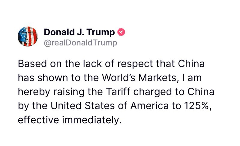 cb_doge's tweet photo. 🚨BREAKING: President Trump raises tariff on China to 125%. https://t.co/DVwl3iILyL
