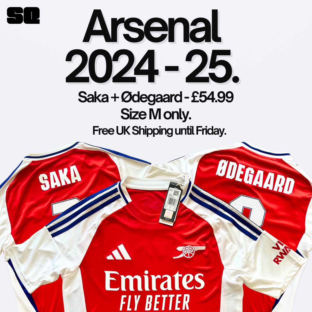 Squadrashirts's tweet photo. CURRENT SEASON ARSENAL DROP. 💥

Almost 50% off the current retail price! 

Saka/Ødegaard + blanks all available currently in very limited numbers. 

Grab one before Friday so we can get it to you before the second leg in Madrid! 💪

https://t.co/iBv3iFrU5t https://t.co/IFlG2NrdWJ