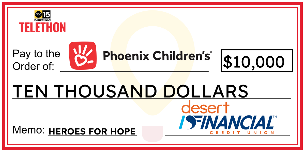 Huge shoutout to Desert Financial for stepping up with a $10,000 donation to our Telethon for Phoenix Children’s! 💙 Every dollar makes a difference! Join them and give now at abc15.com/Telethon or call 602-933-4567! #abc15telethon #PCHeroes