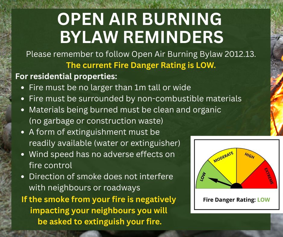 🔥 Open Air Burning Bylaw Reminders 🔥 

Please remember to follow the Opening Air Burning Bylaw when having a fire.

❗ If the smoke from your fire is negatively impacting your neighbours you will be asked to extinguish your fire.❗  

🔗 For more info: buff.ly/VSXc4Yd
