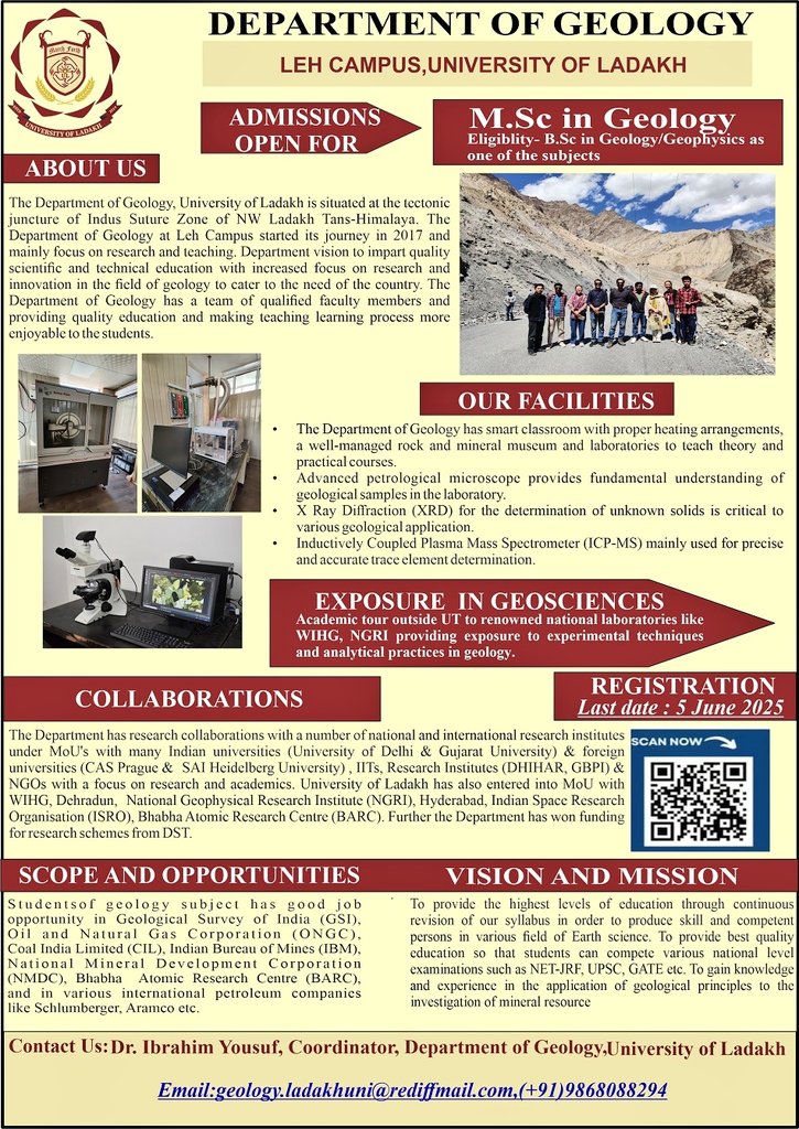 Akhonalimuttaqe's tweet photo. Geology admissions open at Ladakh University, Leh Campus! Learn with the Himalayas as your classroom—apply now!
👉🏻 https://t.co/AxZZFGmaQS
#LadakhUniversity
#lehcampus
#Geology https://t.co/RMgR0wr18Z