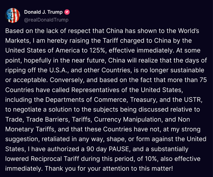 BREAKING: US President Donald Trump blinks first. 90 days pause on