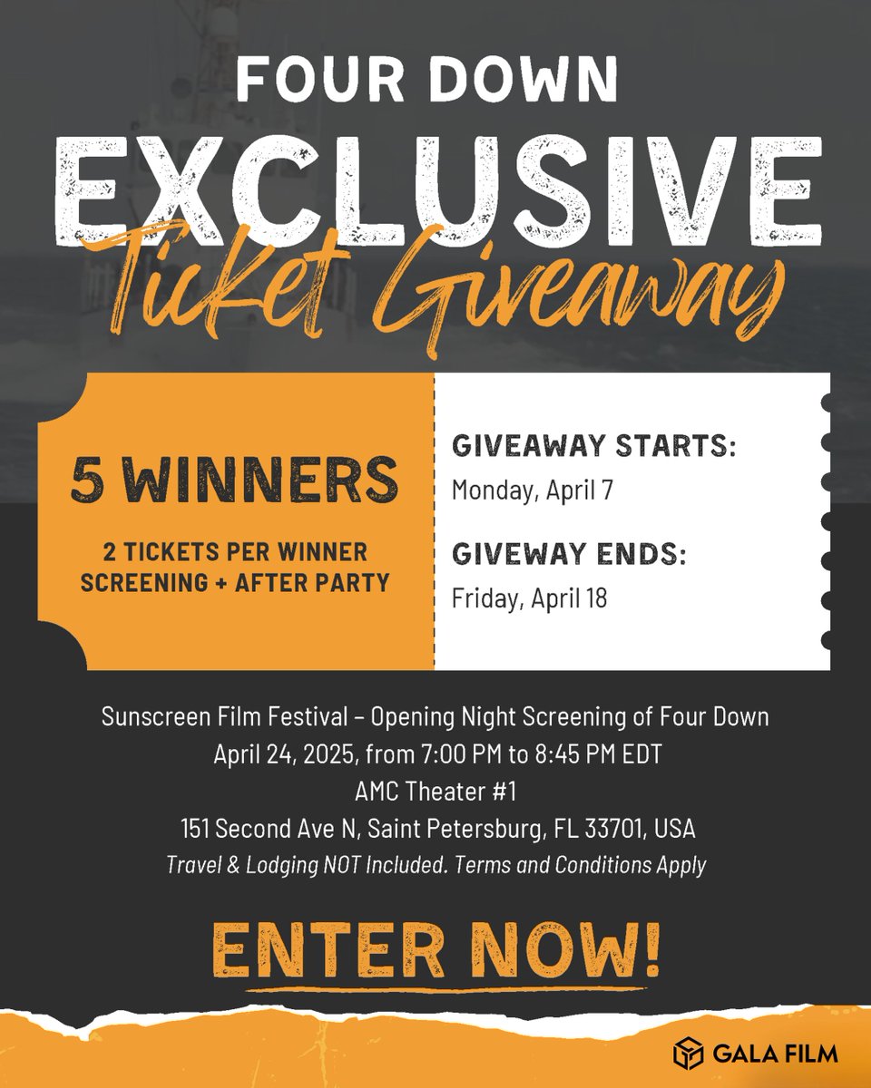 GIVEAWAY TIME!  We’re giving away 5 pairs of Gold Passes to the Sunscreen Film Festival in St. Pete, FL – including access to the opening night screening of “Four Down” and the official after party! gofilm.gala.com/uif3E