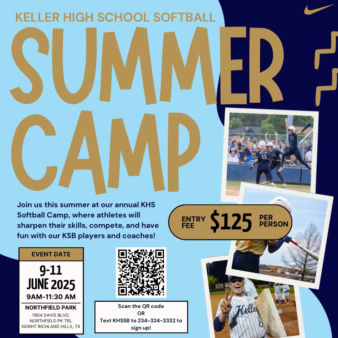 Keller_Softball's tweet photo. Calling all future Lady Indians!
Join us for the 2025 Keller Softball Summer Camp — three days of fun, fundamentals, and fastpitch action with the Keller coaching staff and players!

Dates: June 9–11
Time: 9:00 AM – 11:30 AM
Location: Northfield Park, North Richland Hills

Open to all skill levels — come ready to learn, hustle, and have a blast!

Register now by texting KHSSB to 234-324-3332
or scan the QR code below!

Tag your teammates and spread the word — we can’t wait to see you on the field!