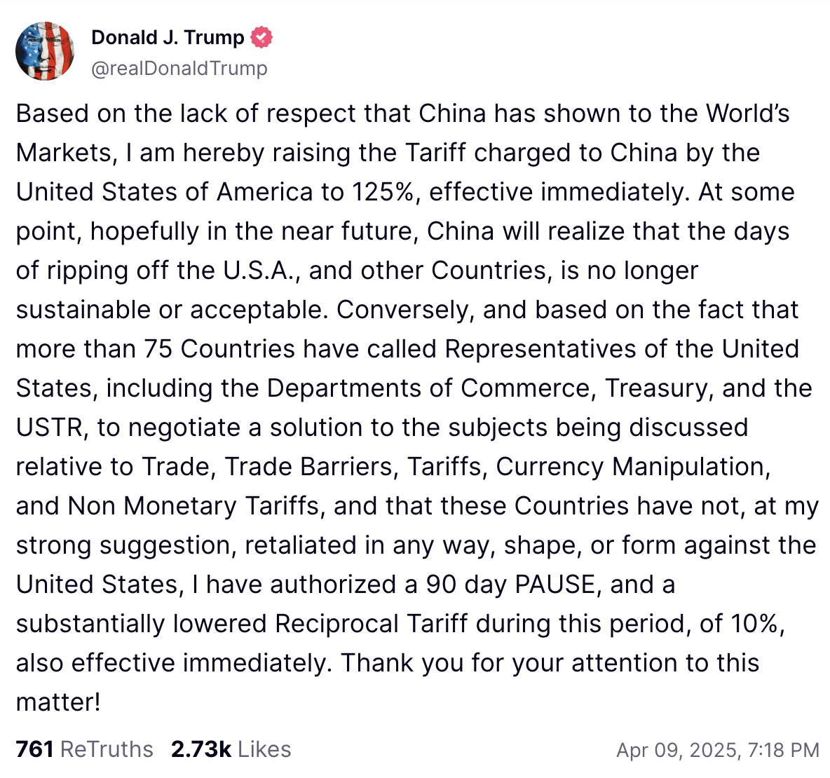 coinacademy_fr's tweet photo. 🚨 Trump augmente les tarifs sur la Chine à 125 %, avec effet immédiat.

Il accorde en parallèle une pause de 90 jours et un tarif réduit de 10 % pour les autres pays, à condition qu’ils ne ripostent pas. https://t.co/GPO94AqvMJ